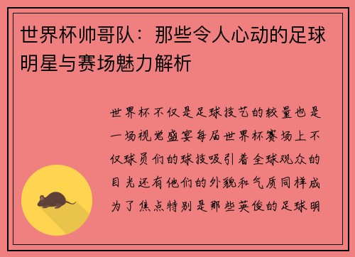 世界杯帅哥队：那些令人心动的足球明星与赛场魅力解析